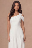 White One Shoulder Chiffon A Line Long Wedding Reception Dress