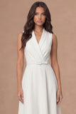 White Shawl Lapel A Line Sleeveless Midi Engagement Dress