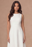 A Line White Sleeveless Round Neck Satin Midi Engagement Dress
