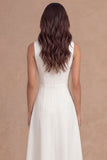 A Line White Sleeveless Round Neck Satin Midi Engagement Dress