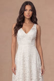 A Line Floral Appliqued Ivory V Neck Midi Engagement Dress