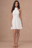 White Halter Neck Appliqued A Line Short Bridal Shower Dress