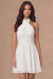 White Halter Neck Appliqued A Line Short Bridal Shower Dress
