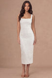 Jacquard Floral Sheath Thick Straps White Midi Engagement Dress