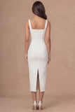 Jacquard Floral Sheath Thick Straps White Midi Engagement Dress