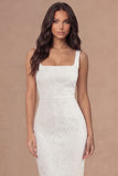 Jacquard Floral Sheath Thick Straps White Midi Engagement Dress