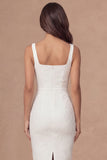 Jacquard Floral Sheath Thick Straps White Midi Engagement Dress