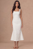 Thick Straps Jacquard Floral Mermaid White Midi Engagement Dress