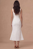 Thick Straps Jacquard Floral Mermaid White Midi Engagement Dress