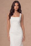 Thick Straps Jacquard Floral Mermaid White Midi Engagement Dress