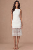 Satin Round Neck Sheath Appliqued White Midi Engagement Dress