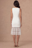 Satin Round Neck Sheath Appliqued White Midi Engagement Dress