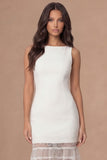Satin Round Neck Sheath Appliqued White Midi Engagement Dress
