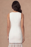 Satin Round Neck Sheath Appliqued White Midi Engagement Dress