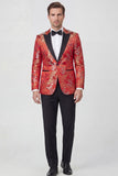 Red 2-piece Peaked Lapel Long Sleeves Jacquard Men's Prom Suits