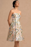 Champagne Floral Embroidered A Line Midi Formal Dress