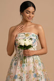 Champagne Floral Embroidered A Line Midi Formal Dress