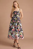 Black Floral A Line Spaghetti Straps Appliqued Midi Formal Dress