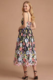 Black Floral A Line Spaghetti Straps Appliqued Midi Formal Dress