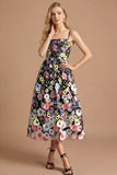 Black Floral A Line Spaghetti Straps Appliqued Midi Formal Dress