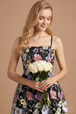 Black Floral A Line Spaghetti Straps Appliqued Midi Formal Dress