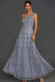Sparkly Sequined Blue A Line One Shoulder Long Formal Dress