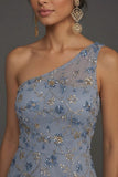 Sparkly Sequined Blue A Line One Shoulder Long Formal Dress