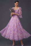 A Line Floral Lilac Square Neck Backless Midi Formal Dress