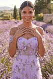 A Line Floral Lilac Off the Shoulder Appliqued Midi Formal Dress