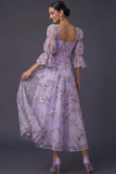 A Line Floral Appliqued Lilac Square Neck Long Formal Dress