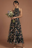 Green Floral A Line Embroidered Halter Neck Long Formal Dress
