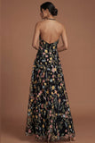 Green Floral A Line Embroidered Halter Neck Long Formal Dress