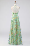 Green Floral A Line Embroidered Halter Neck Long Formal Dress