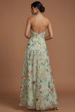 Green Floral A Line Embroidered Halter Neck Long Formal Dress