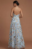 Green Floral A Line Embroidered Halter Neck Long Formal Dress