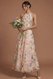 Green Floral A Line Embroidered Halter Neck Long Formal Dress