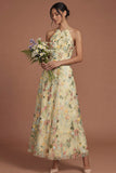 Green Floral A Line Embroidered Halter Neck Long Formal Dress