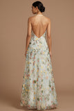 Green Floral A Line Embroidered Halter Neck Long Formal Dress