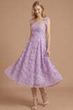 Floral Lilac Appliqued A Line Thick Straps Midi Wedding Guest Dress
