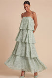 Green Tiered Ruffled Floral Spaghetti Straps Sleeveless Long Wedding Guest Dress