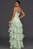 Green Tiered Ruffled Floral Strapless Wedding Guest Dress