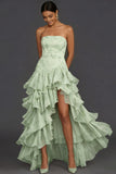 Green Tiered Ruffled Floral Strapless Wedding Guest Dress