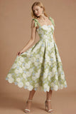 Green Floral Appliqued Thick Straps Sleeveless Long Prom Dress with Bow