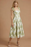 Green Floral Appliqued Thick Straps Sleeveless Long Prom Dress with Bow