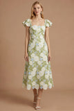 Green Floral Appliqued Square Neck Long Prom Dress