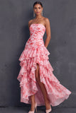 Pink Floral Ruffled Tiered Strapless Draped Long Wedding Guest Dress with Slit