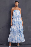 White Blue Floral Tiered Ruffled Spaghetti Straps Sleeveless Long Wedding Guest Dress