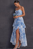 White Blue Floral A Line Ruffled Tiered Spaghetti Straps High Low Formal Dress