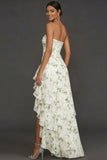 Green Floral Ruffled Strapless High Low Wedding Guest Dress