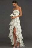 Green Floral Ruffled Strapless High Low Wedding Guest Dress